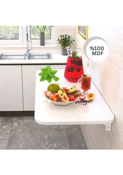 45X70 cm Oval Köşeli Parlak Beyaz Duvara Monte Katlanır Oval Köşeli Masa