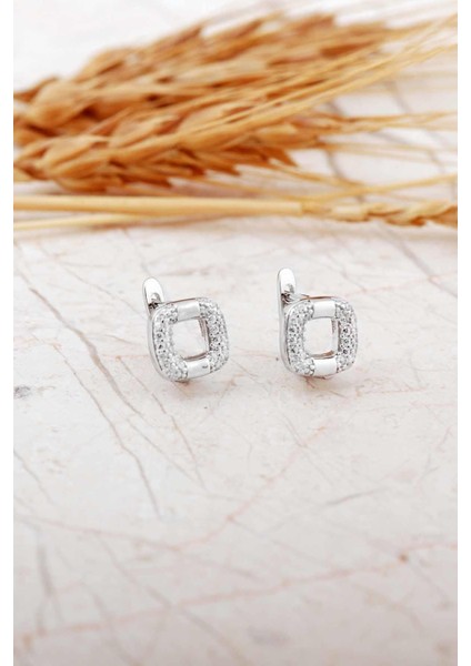 Kare Tasarım Rodyumlu Mini Gümüş J Küpe 7327