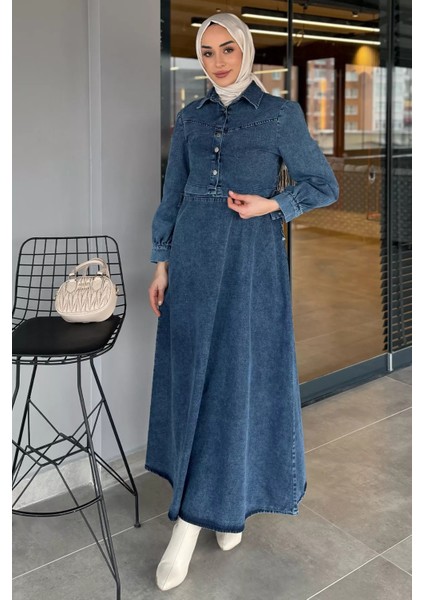 Bel Bağlamalı Jean Kot Elbise Ceket Tesettür İkili Takım P-00015806