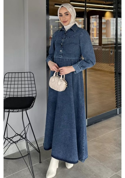 Bel Bağlamalı Jean Kot Elbise Ceket Tesettür İkili Takım P-00015806