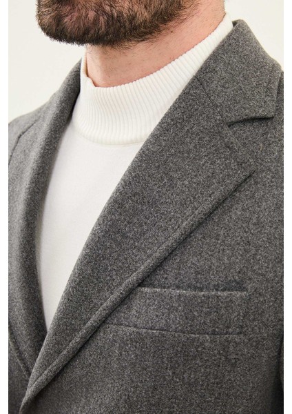 Düz Antrasit Slim Fit Mono Yaka Klasik Erkek Kaşe Kaban