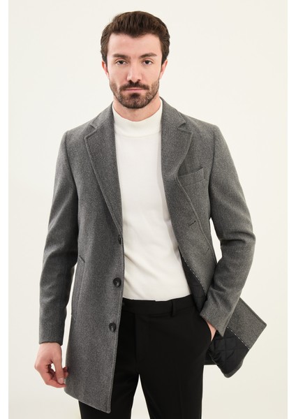 Düz Antrasit Slim Fit Mono Yaka Klasik Erkek Kaşe Kaban