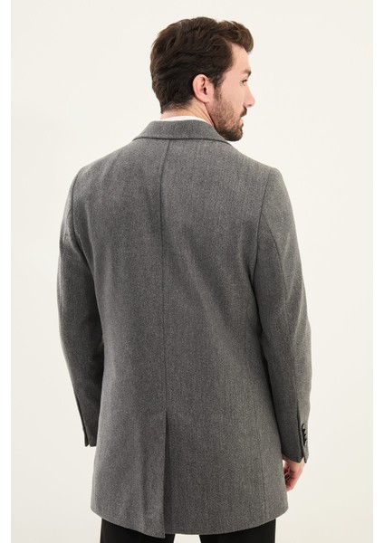 Düz Antrasit Slim Fit Mono Yaka Klasik Erkek Kaşe Kaban