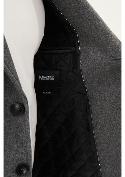 Düz Antrasit Slim Fit Mono Yaka Klasik Erkek Kaşe Kaban
