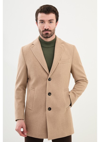 Düz Bej Slim Fit Mono Yaka Klasik Erkek Kaşe Kaban