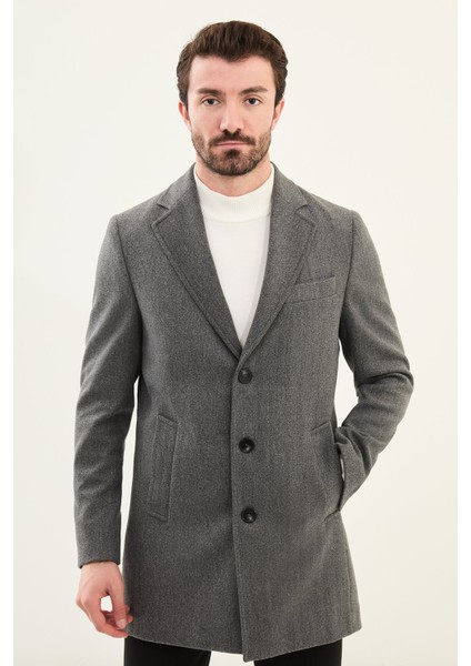 Düz Antrasit Slim Fit Mono Yaka Klasik Erkek Kaşe Kaban