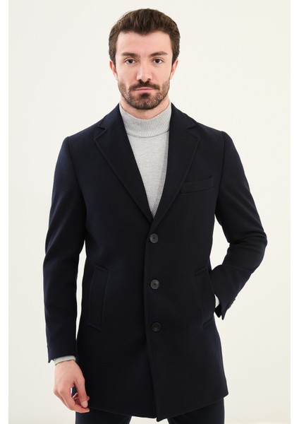 Düz Lacivert Slim Fit Mono Yaka Klasik Erkek Kaşe Kaban