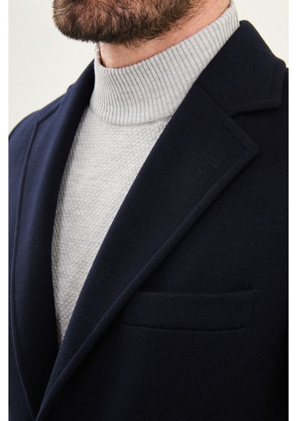 Düz Lacivert Slim Fit Mono Yaka Klasik Erkek Kaşe Kaban