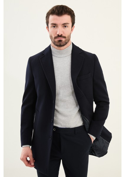 Düz Lacivert Slim Fit Mono Yaka Klasik Erkek Kaşe Kaban