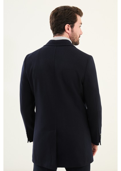 Düz Lacivert Slim Fit Mono Yaka Klasik Erkek Kaşe Kaban