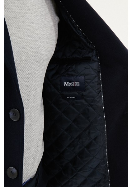 Düz Lacivert Slim Fit Mono Yaka Klasik Erkek Kaşe Kaban