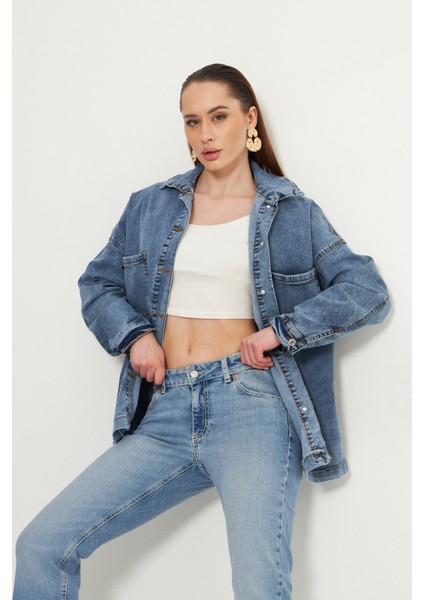 Oversize Kadın Jean Ceket Effect