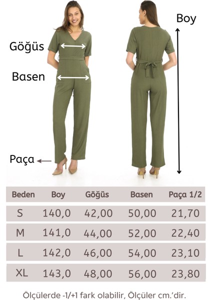 Kadın Krep Beli Kemerli ve Fermuarlı Tulum-Haki