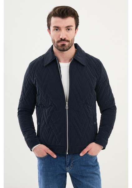 Desenli Lacivert Slim Fit Gömlek Yaka Kapitone Erkek Mont