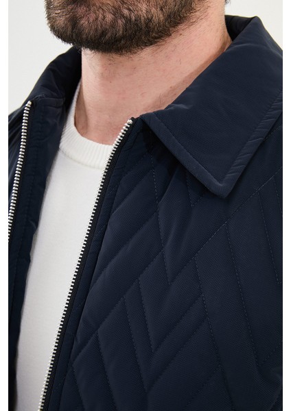 Desenli Lacivert Slim Fit Gömlek Yaka Kapitone Erkek Mont