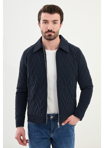 Desenli Lacivert Slim Fit Gömlek Yaka Kapitone Erkek Mont