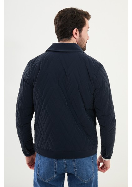 Desenli Lacivert Slim Fit Gömlek Yaka Kapitone Erkek Mont