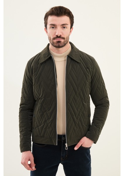 Desenli Haki Slim Fit Gömlek Yaka Kapitone Erkek Mont