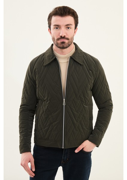 Desenli Haki Slim Fit Gömlek Yaka Kapitone Erkek Mont modelleri