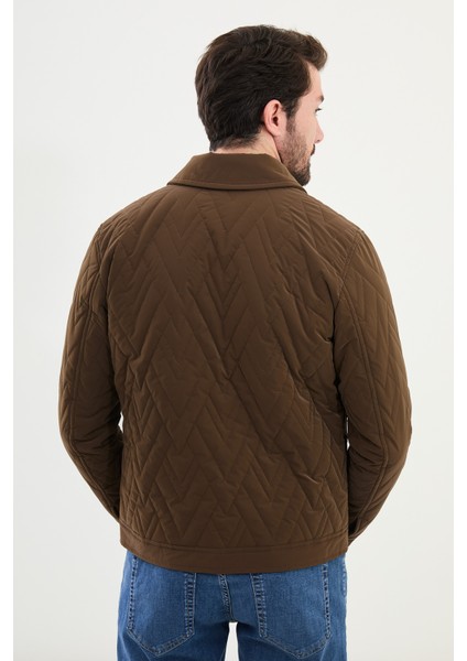 Desenli Kahverengi Slim Fit Gömlek Yaka Kapitone Erkek Mont fırsatları