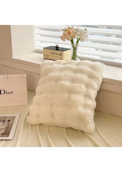 Peluş Kırlent Kılıfı Krem Pofuduk Çift Taraflı Pelus Yastik Bubble Pelus Kırlent Kare