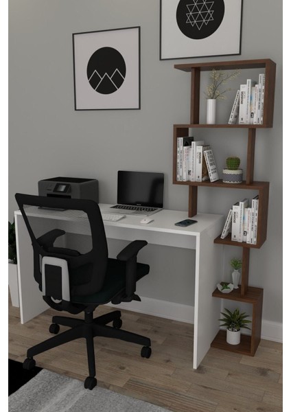 Pratik Kitaplıklı Çalışma Masası Beyaz Ceviz 120X50
