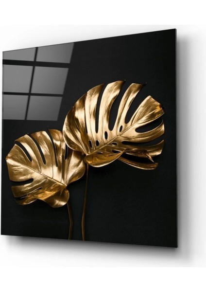 Gold Yapraklar Cam Tablo