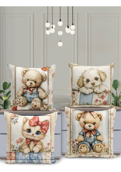 4'lü Çift Taraflı Dijital Baskı Kırlent Kılıfı - Çocuk Bebek Odası - Sevimli Hayvan Temalı