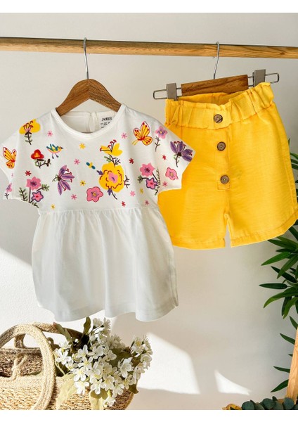 Nakış Görünümlü Çiçek Detay Şort Takım