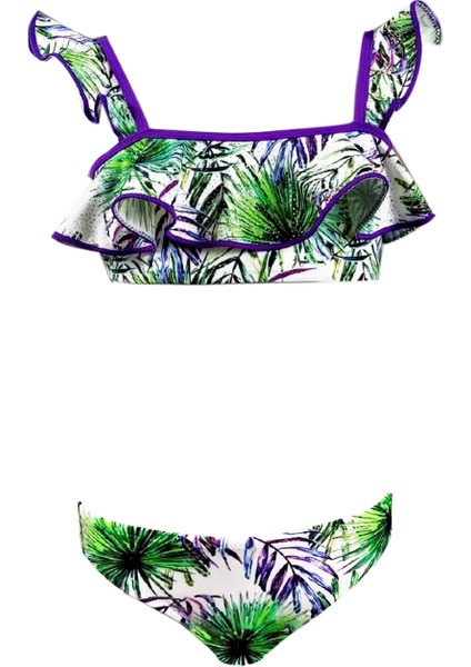 Tropikal Desenli Fırfırlı UV50 Kız Çocuk Bikini Takımı By Nessi Byrd