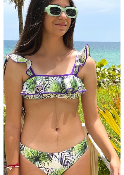 Tropikal Desenli Fırfırlı UV50 Kız Çocuk Bikini Takımı By Nessi Byrd fırsatları