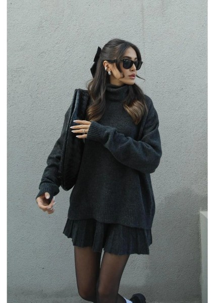 Antrasit Pileli Mini Etek Balıkçı Kazak Alt Üst Triko Takım fiyatları