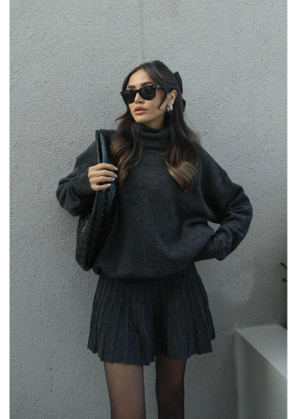 Antrasit Pileli Mini Etek Balıkçı Kazak Alt Üst Triko Takım modelleri
