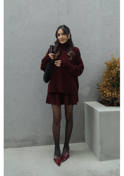 Bordo Pileli Mini Etek Balıkçı Kazak Alt Üst Triko Takım