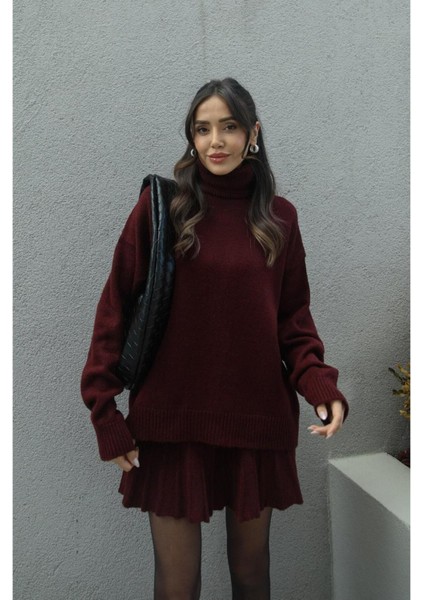 Bordo Pileli Mini Etek Balıkçı Kazak Alt Üst Triko Takım modelleri