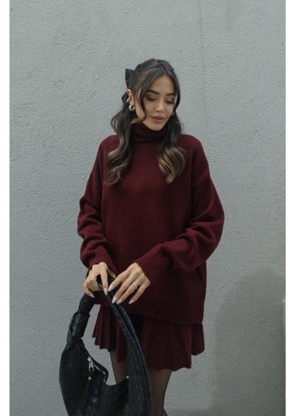 Bordo Pileli Mini Etek Balıkçı Kazak Alt Üst Triko Takım fırsatları