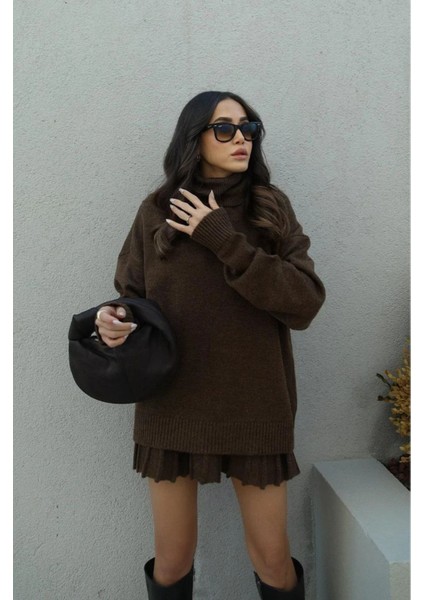 Kahve Pileli Mini Etek Balıkçı Kazak Alt Üst Triko Takım fırsatları