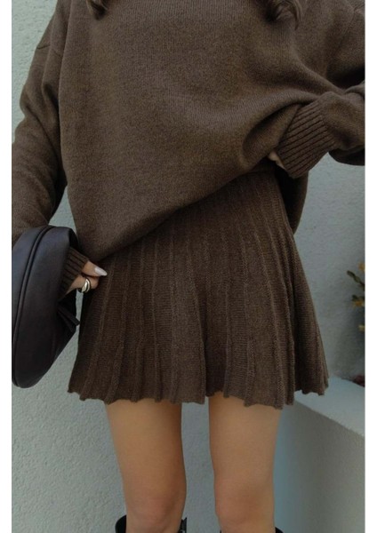 Acı Kahve Pileli Mini Etek Balıkçı Kazak Alt Üst Triko Takım modelleri