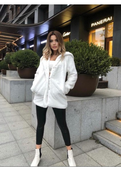 Peluş Kapşonlu Yumoş Kürk Kaban