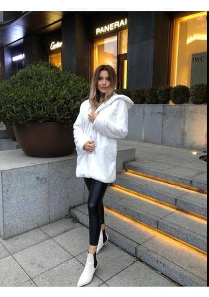 Peluş Kapşonlu Yumoş Kürk Kaban