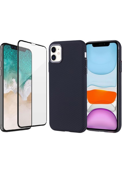 Apple iPhone 11 Kılıf Magsafe Şarj Özellikli Karbon Fiber Görünümlü Zore Nekst Kapak + Cam Ekran Koruyucu