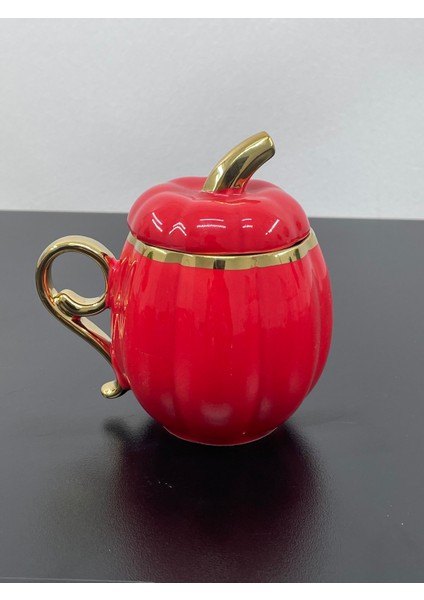 Porselen Renkli Gold Yaldızlı Kapaklı Balkabak Kupa Bardak 300 ml