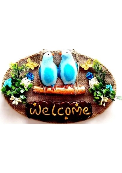 Mavi Kuşlu Çiçekli Welcome Yazılı Kapı Süsü