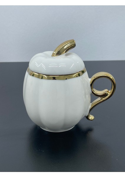 Porselen Renkli Gold Yaldızlı Kapaklı Balkabak Kupa Bardak 300 ml