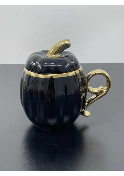 Porselen Renkli Gold Yaldızlı Kapaklı Balkabak Kupa Bardak 300 ml