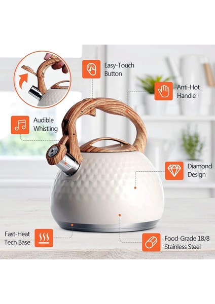 Modern Tasarım Düdüklü Kettle 3l Paslanmaz Çelik Ergonomik Su Isıtıcı Çaydanlık Islıklı