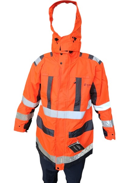 Turuncu Fosforlu Parka Mont, Reflektörlü Mont, Su ve Rüzgar Geçirmez Reflektörlü Mont