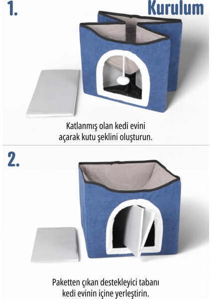 Tinekesevimli Katlanır Taşınabilir Çok Fonksiyonlu Kapalı Kedi Evi Yatağı Lacivert