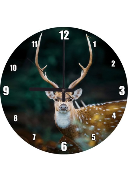 Geyik Boynuzlarıyla Sembollü Yuvarlak Duvar Saati, 50x50 cm, Beyaz renk