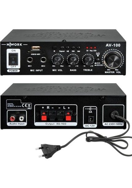 630-BT-USB STEREO-2X40 Watt 220 ve 12 Volt Girişli Kumandalı Power Anfi